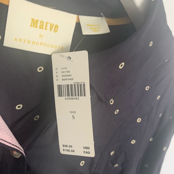 Anthropologie Navy Polka Dot Button-Front Tunic Blouse - Picture 3 of 4